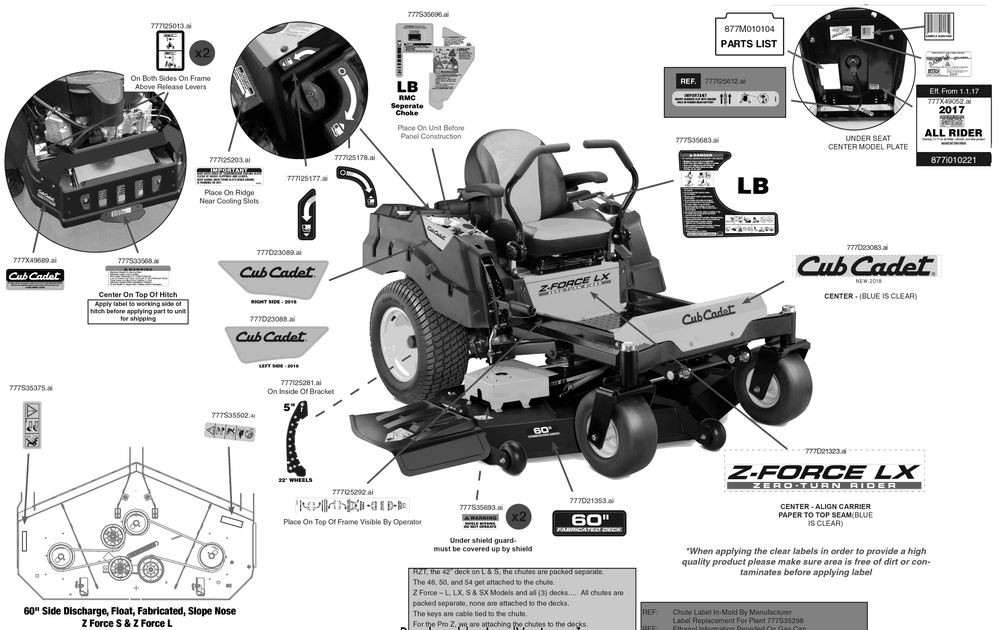 Label Map Diagram and Parts List for Z-FORCELX60KW (17AIDAUD010)(2018) Cub Cadet Lawn Tractor